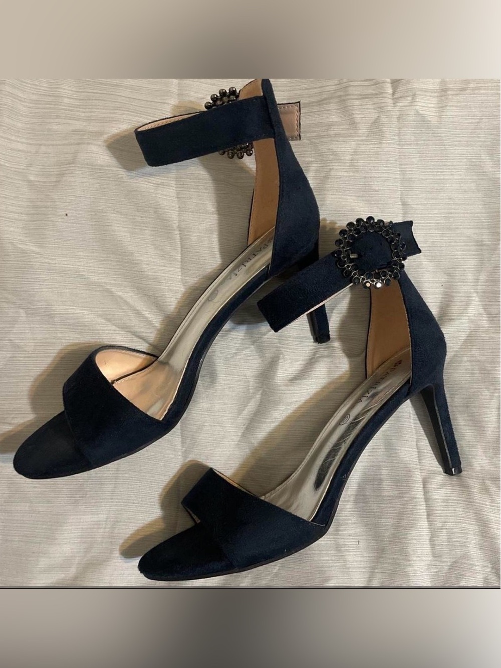 Women's Navy Ankle-Strap Heels with Jeweled Buckle Size 10 With 3 1/2 inch heel